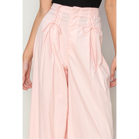 253 • Peach 100% Cotton Poplin Wide Leg Lace Up Summer Weight Pants - Picture 3 of 8